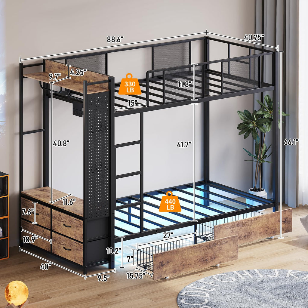 Twin Over Twin Metal Bunk Bed with Storage Drawers V287586