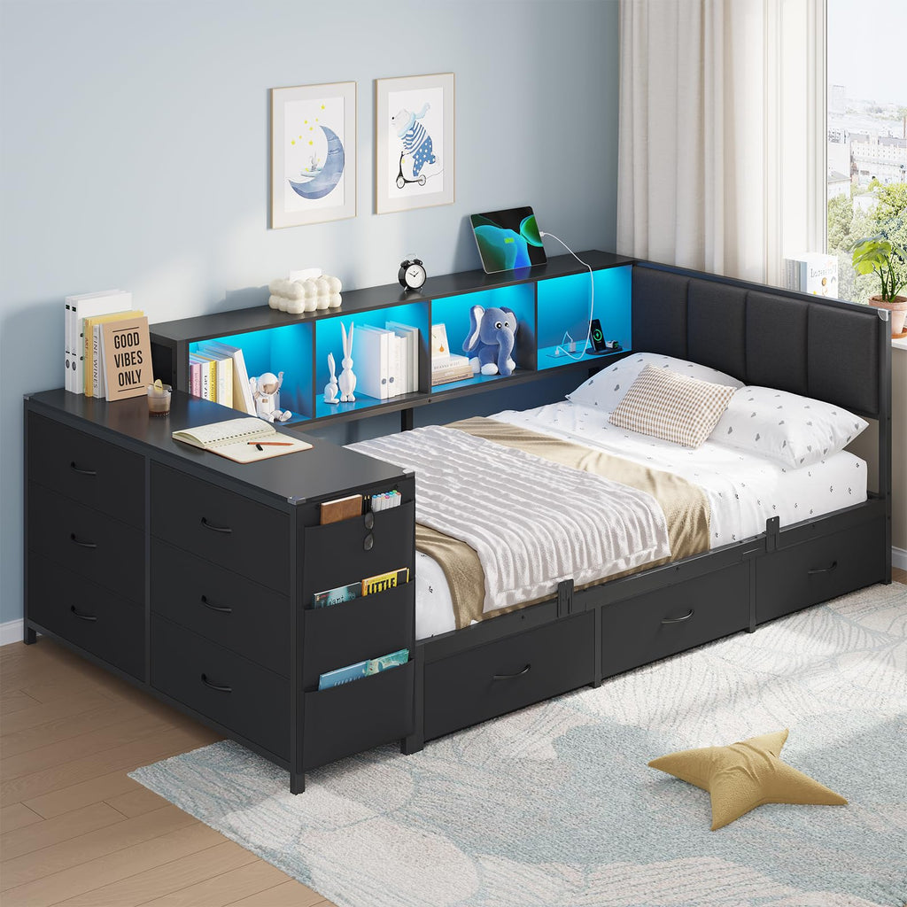 Twin Corner Bed with 6 Storage Dressers, 3 Drawers & Bookcase, Charging Station and LED Light, Desk, Upholstered Headboard, Black M9753