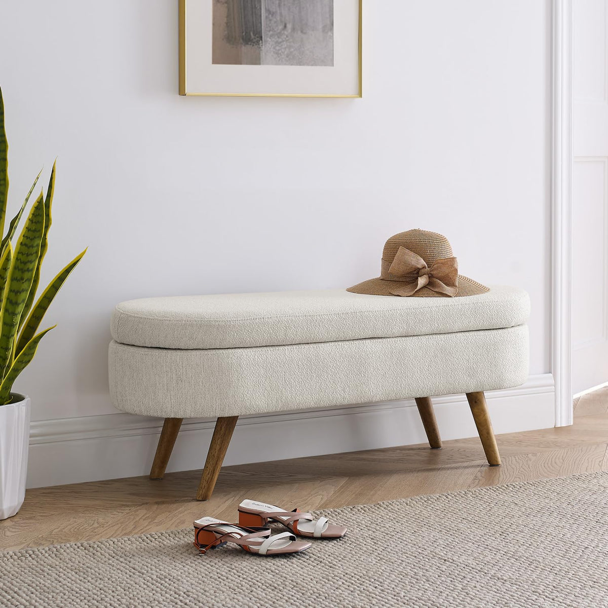 Beige Oval Storage Ottoman Bench with Rubber Wood Legs C275702