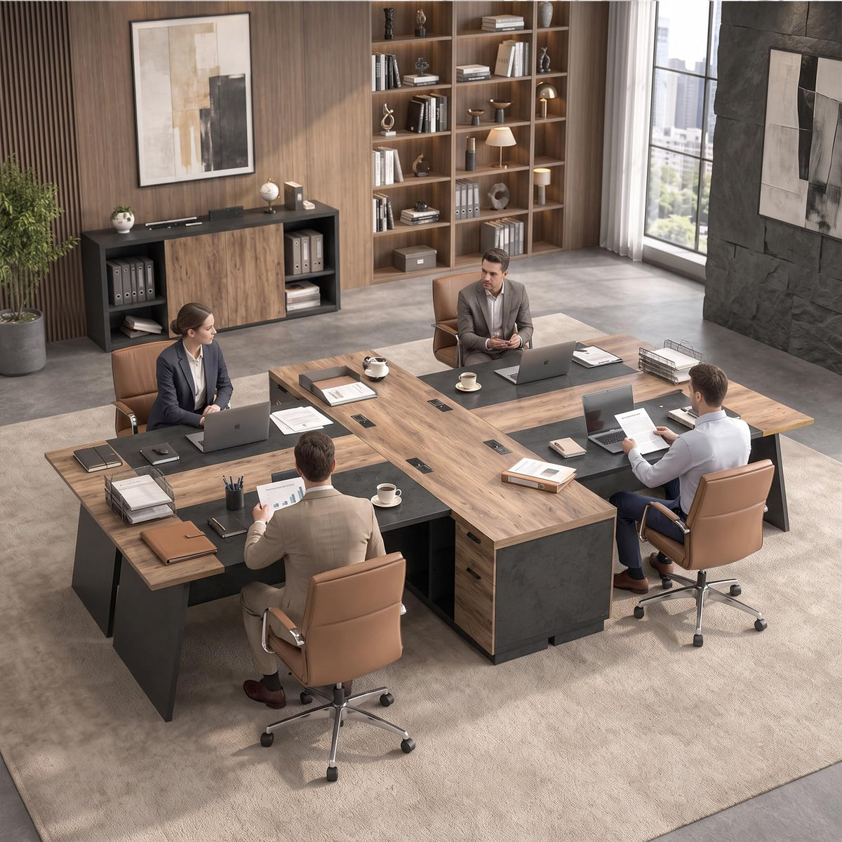 Black and Wood L Shape Executive Desk with Drawers and Shelves N78078