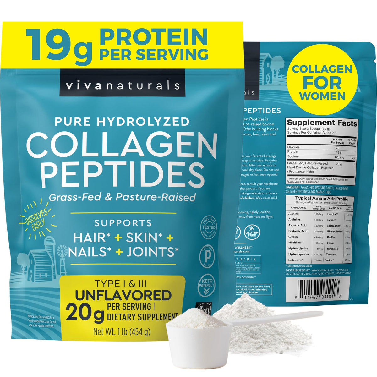 Collagen Peptides Powder - Grass-Fed Hydrolyzed Bovine, Type I & III - 19 g Protein, Unflavored - 1lb P6913