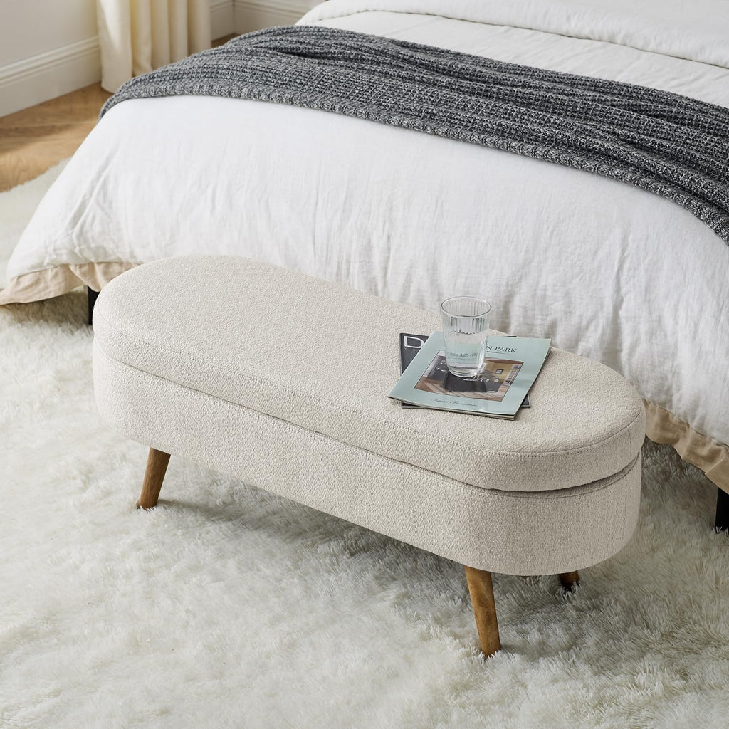 Beige Oval Storage Ottoman Bench with Rubber Wood Legs C275702