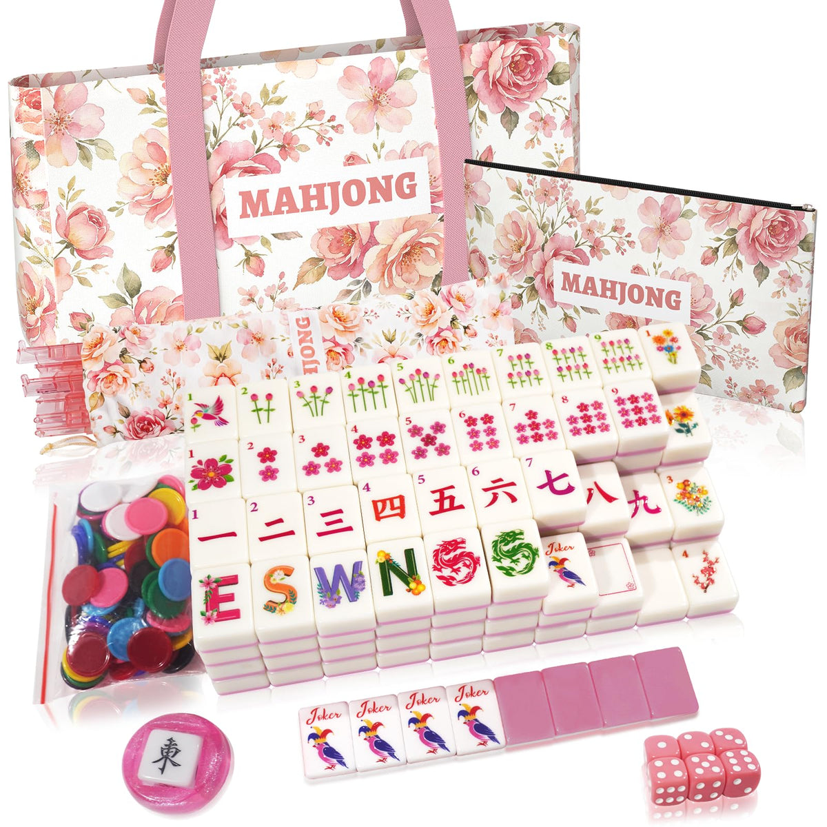 1.2” American Mahjong Set 168 Pink Floral Melamine Tiles Q4234