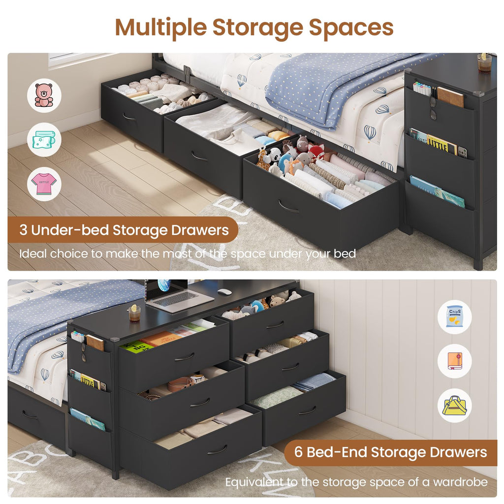 Twin Corner Bed with 6 Storage Dressers, 3 Drawers & Bookcase, Charging Station and LED Light, Desk, Upholstered Headboard, Black M9753
