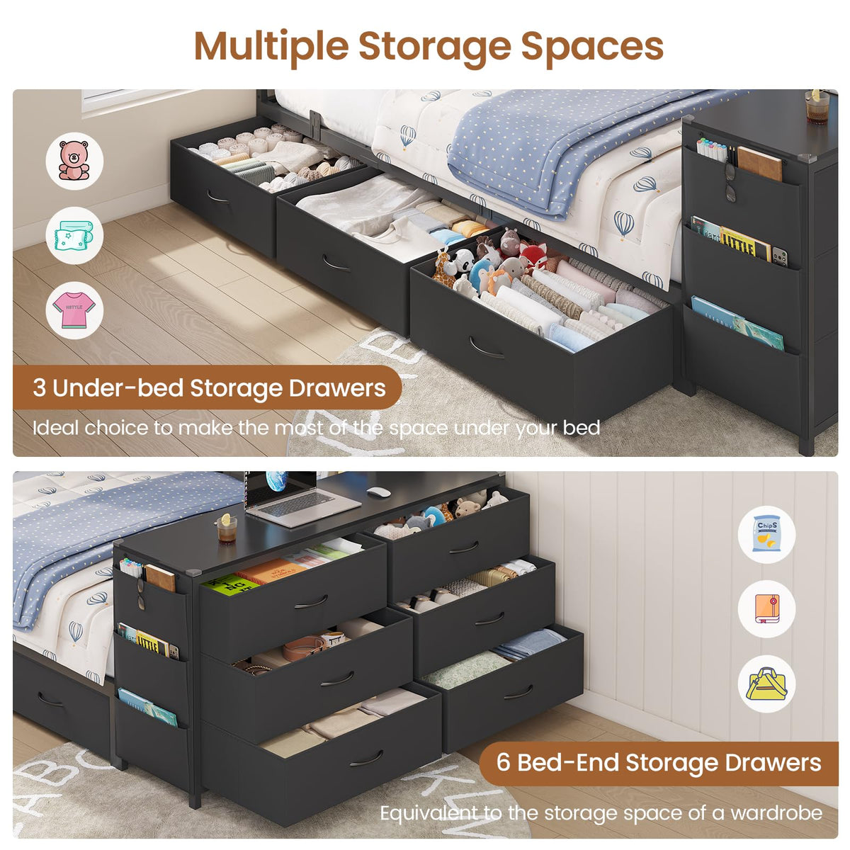 Twin Corner Bed with 6 Storage Dressers, 3 Drawers & Bookcase, Charging Station and LED Light, Desk, Upholstered Headboard, Black M9753