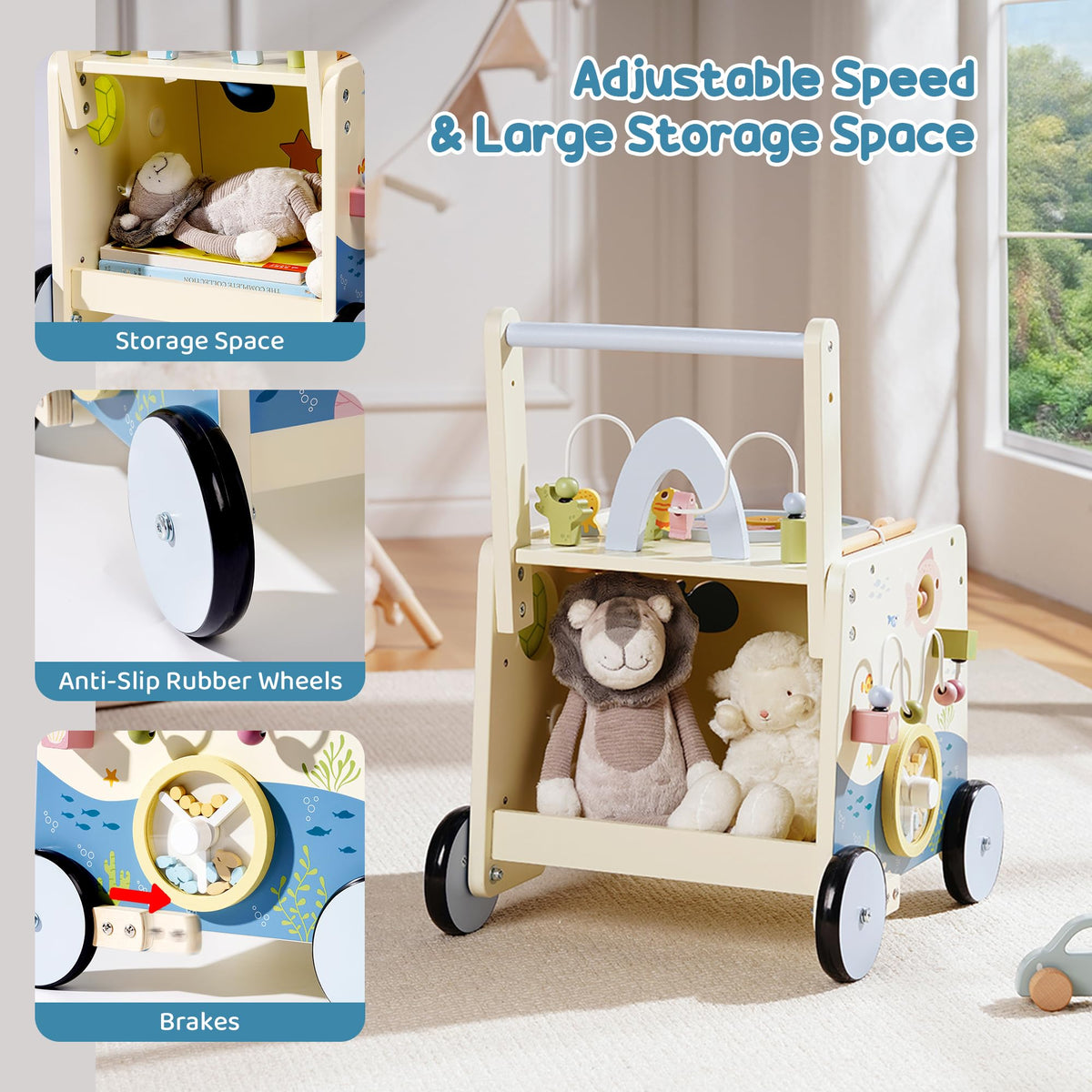 Wooden Baby Walker Push Toy with Fishing Game, Music, Storage O369