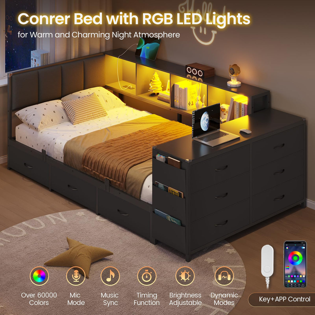 Twin Corner Bed with 6 Storage Dressers, 3 Drawers & Bookcase, Charging Station and LED Light, Desk, Upholstered Headboard, Black M9753
