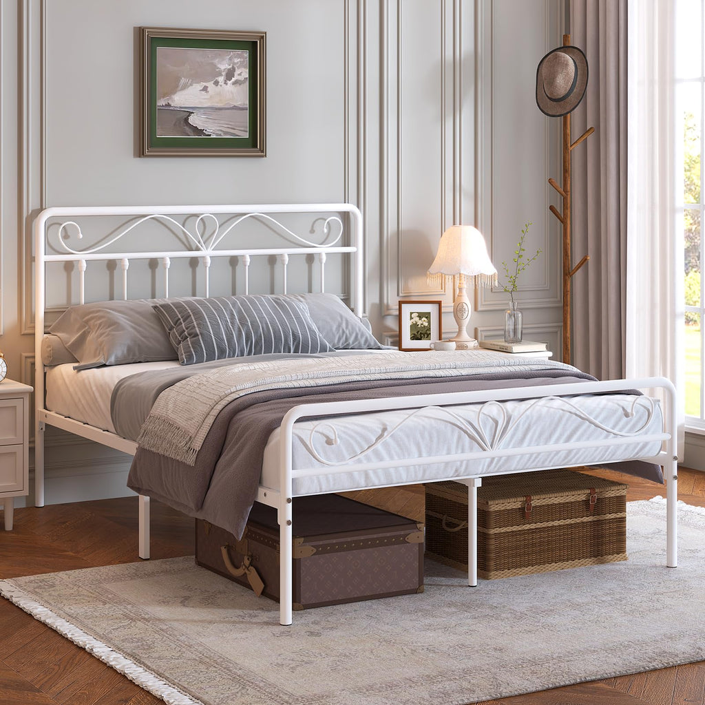 White Metal Full Size Platform Bed Frame with Headboard and Footboard T299