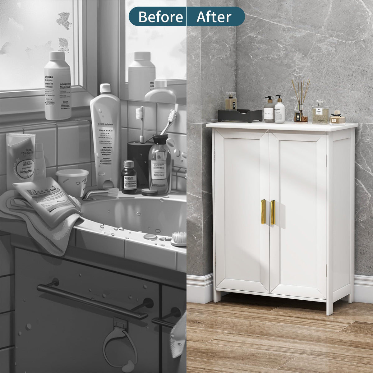White 2 Door Bathroom Floor Storage Cabinet N360