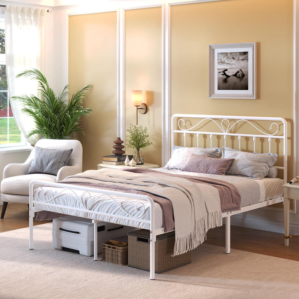 White Metal Full Size Platform Bed Frame with Headboard and Footboard T299