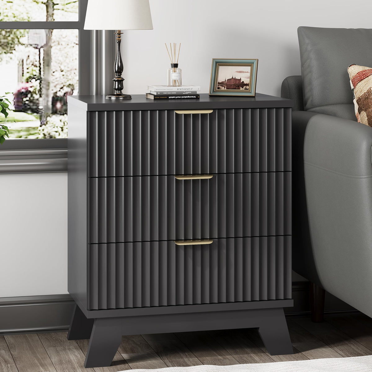 Black 3 Drawer Fluted Nightstand K706418